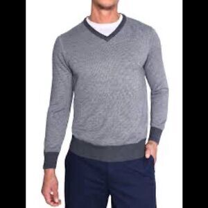 Egara Navy and Charcoal Birdseye Slim Fit V-Neck Sweater Medium